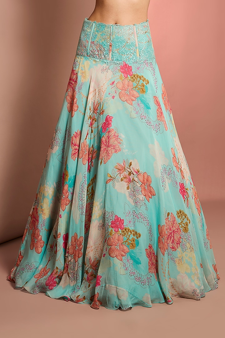 Blue Viscose Organza Printed & Embroidered Wedding Lehenga Set by Neha Khullar at Pernia's Pop Up Shop