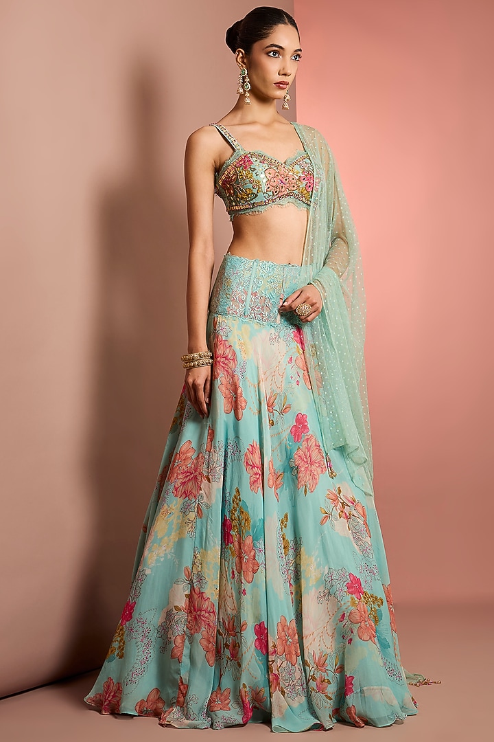 Blue Viscose Organza Printed & Embroidered Wedding Lehenga Set by Neha Khullar at Pernia's Pop Up Shop