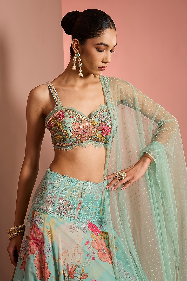 Blue Viscose Organza Printed & Embroidered Wedding Lehenga Set by Neha Khullar at Pernia's Pop Up Shop