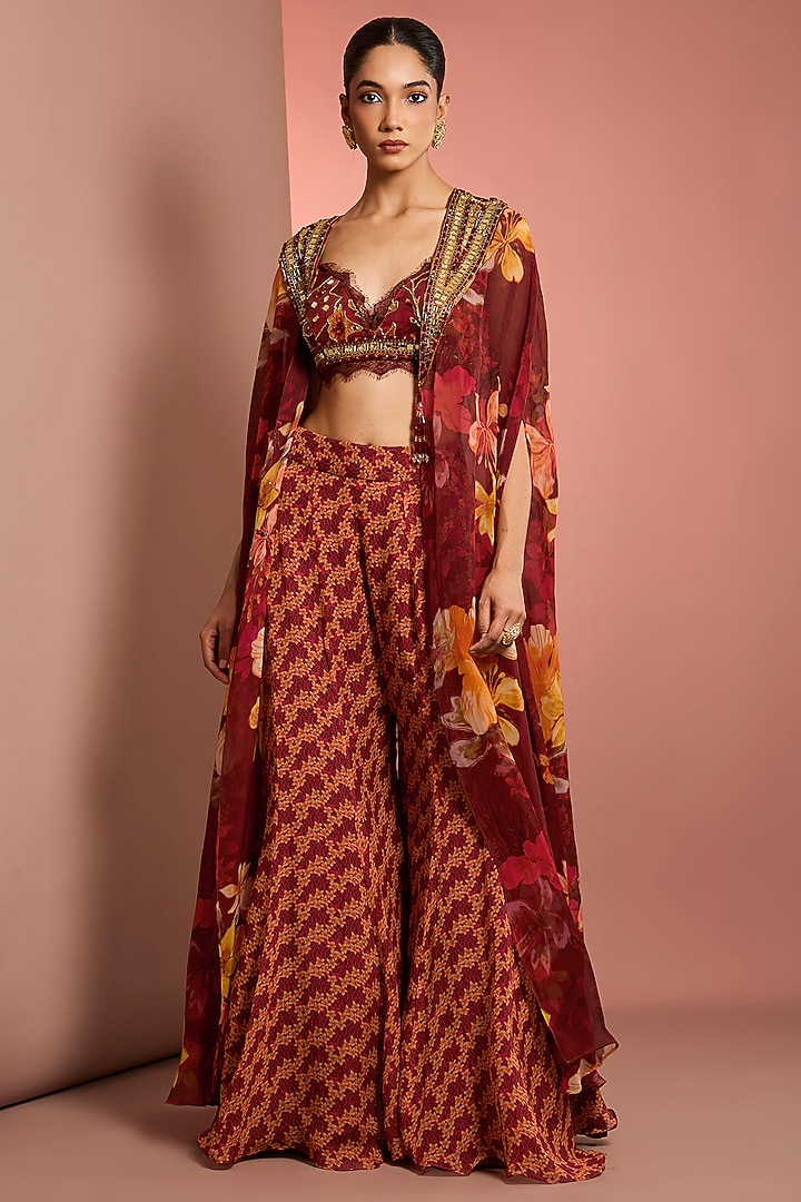 Red Viscose Organza Floral Printed Wedding Sharara Set by Neha Khullar at Pernia's Pop Up Shop