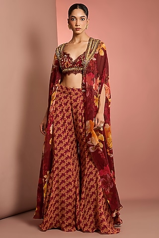 Red Viscose Organza Floral Printed Sharara Set by Neha Khullar