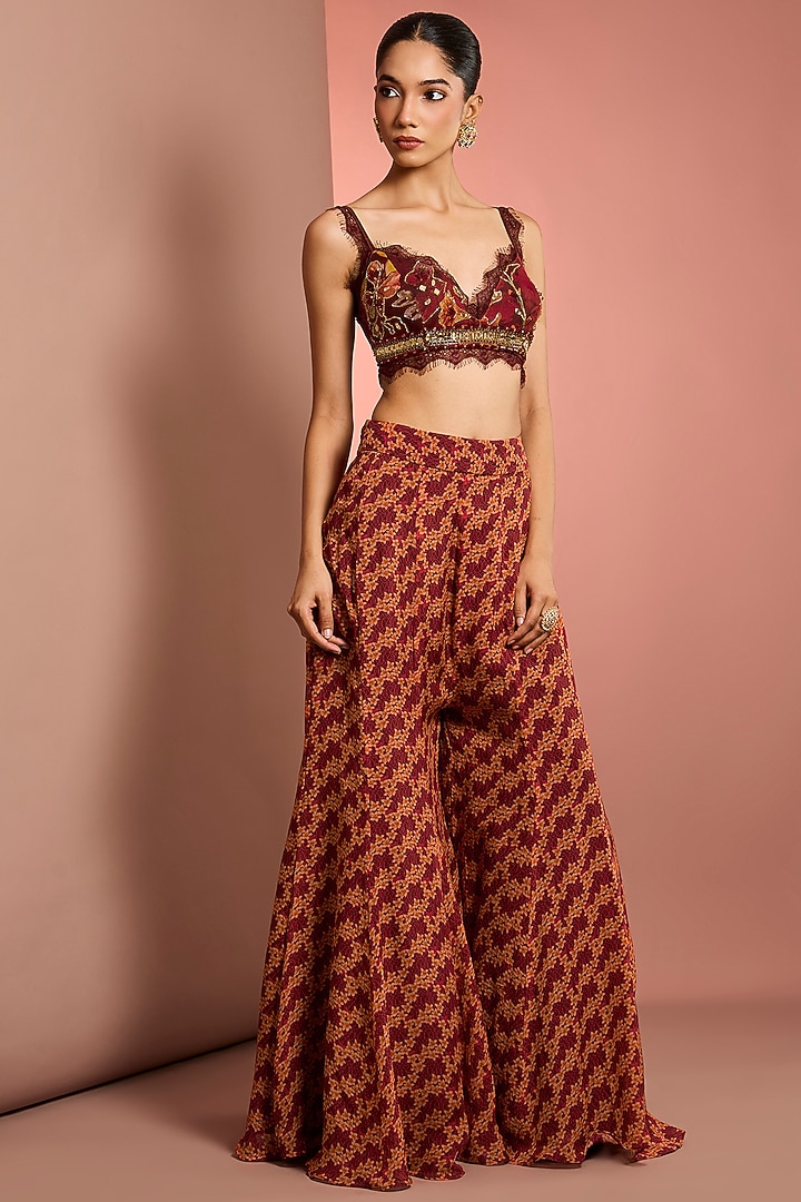 Red Viscose Organza Floral Printed Wedding Sharara Set by Neha Khullar at Pernia's Pop Up Shop