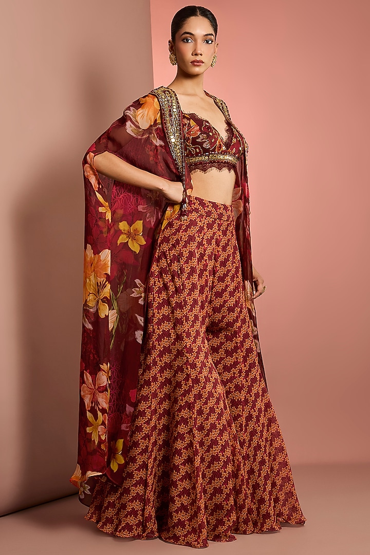 Red Viscose Organza Floral Printed Wedding Sharara Set by Neha Khullar at Pernia's Pop Up Shop