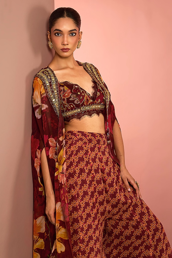 Red Viscose Organza Floral Printed Wedding Sharara Set by Neha Khullar at Pernia's Pop Up Shop