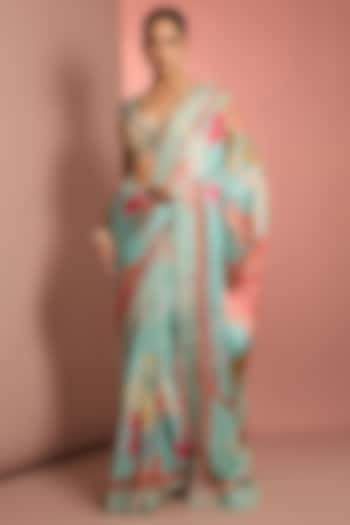 Blue Viscose Chiffon Floral Printed Wedding Saree Set by Neha Khullar at Pernia's Pop Up Shop