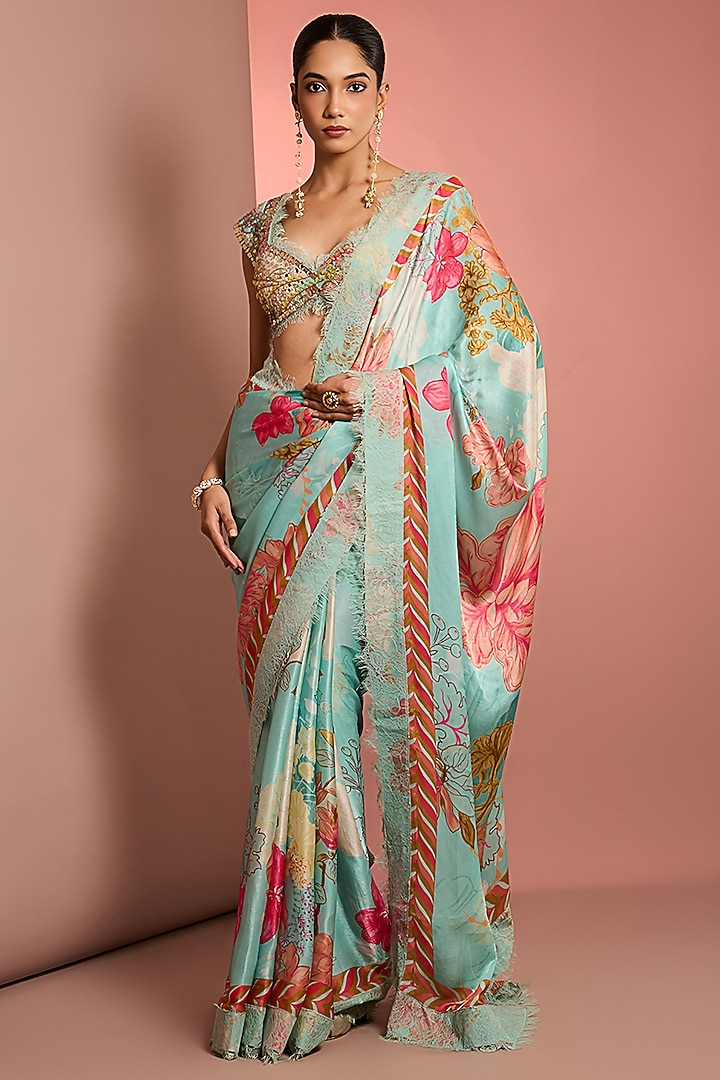 Blue Viscose Chiffon Floral Printed Wedding Saree Set by Neha Khullar at Pernia's Pop Up Shop