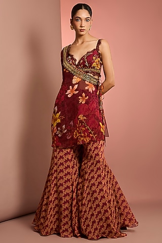 Red Viscose Organza Floral Printed Sharara Set by Neha Khullar
