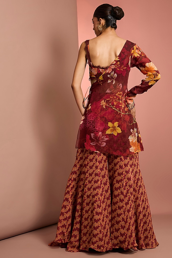 Red Viscose Organza Floral Printed Wedding Sharara Set by Neha Khullar at Pernia's Pop Up Shop