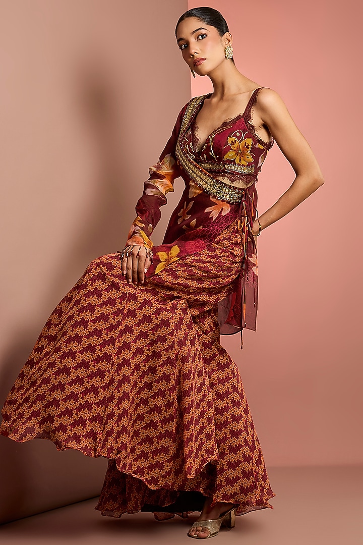 Red Viscose Organza Floral Printed Wedding Sharara Set by Neha Khullar at Pernia's Pop Up Shop