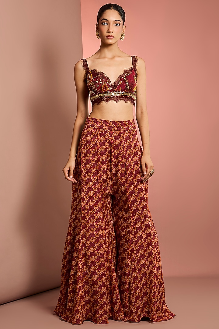 Red Viscose Organza Floral Printed Wedding Sharara Set by Neha Khullar at Pernia's Pop Up Shop
