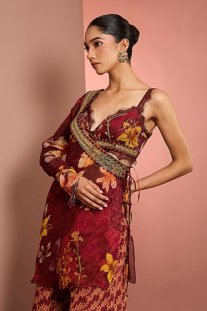 Red Viscose Organza Floral Printed Wedding Sharara Set by Neha Khullar at Pernia's Pop Up Shop