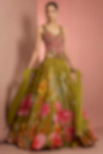 Green Viscose Organza Floral Printed Wedding Lehenga Set by Neha Khullar at Pernia's Pop Up Shop