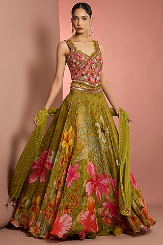 Green Viscose Organza Floral Printed Lehenga Set by Neha Khullar