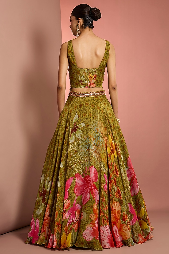 Green Viscose Organza Floral Printed Wedding Lehenga Set by Neha Khullar at Pernia's Pop Up Shop