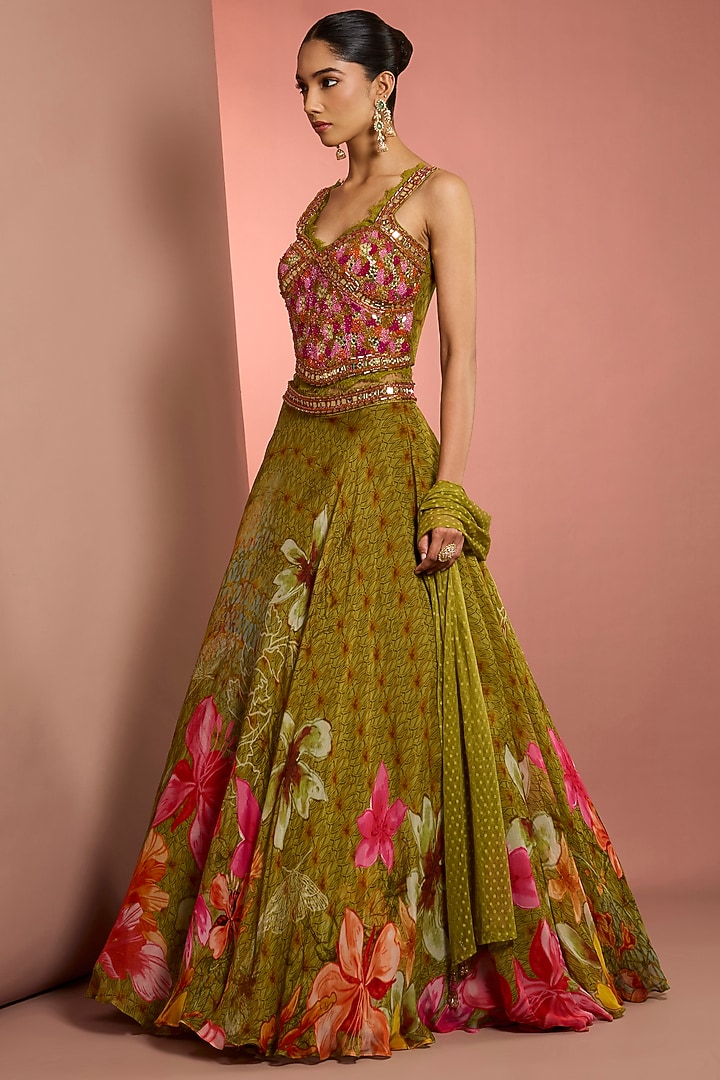 Green Viscose Organza Floral Printed Wedding Lehenga Set by Neha Khullar at Pernia's Pop Up Shop