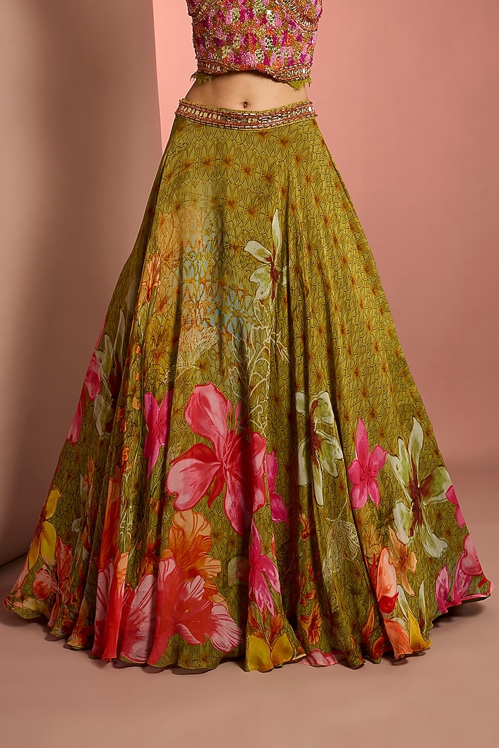 Green Viscose Organza Floral Printed Wedding Lehenga Set by Neha Khullar at Pernia's Pop Up Shop