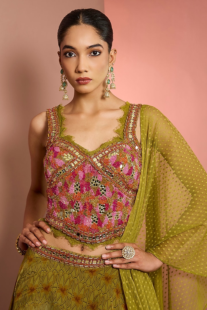 Green Viscose Organza Floral Printed Wedding Lehenga Set by Neha Khullar at Pernia's Pop Up Shop