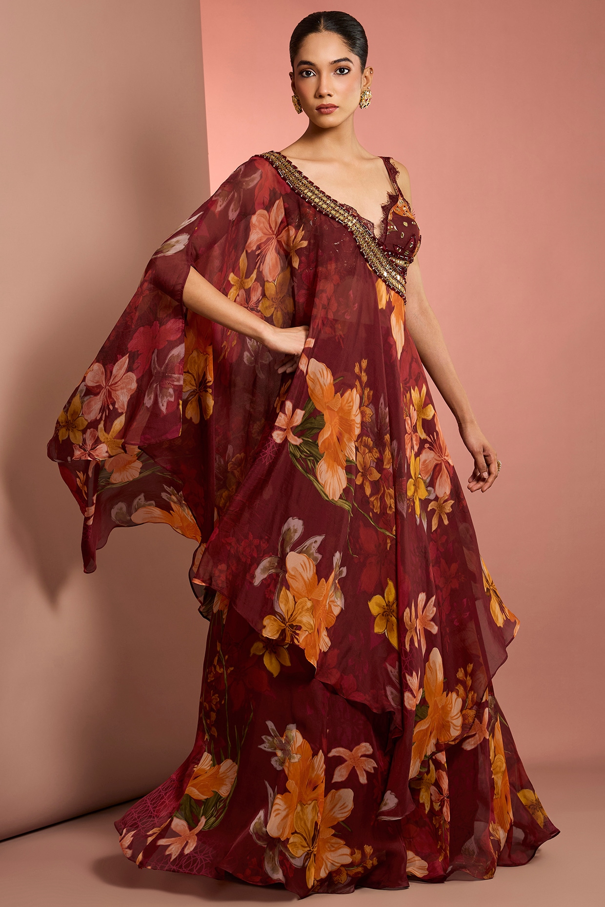 Neha Khullar Red Viscose Organza Floral Printed Sharara Set