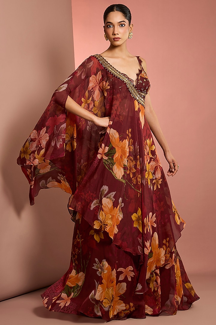 Red Viscose Organza Floral Printed Wedding Sharara Set by Neha Khullar at Pernia's Pop Up Shop