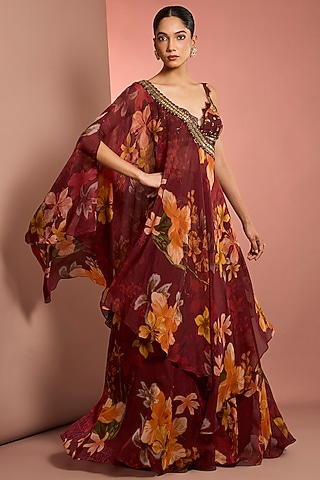 Red Viscose Organza Floral Printed Sharara Set by Neha Khullar