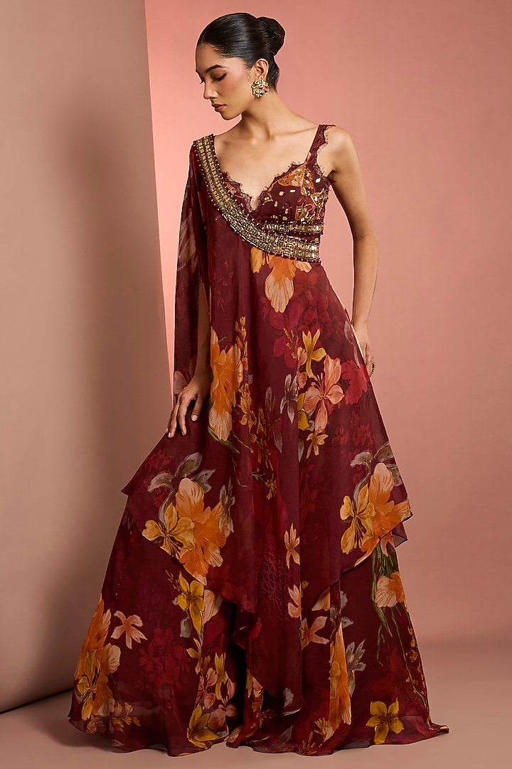 Red Viscose Organza Floral Printed Wedding Sharara Set by Neha Khullar at Pernia's Pop Up Shop