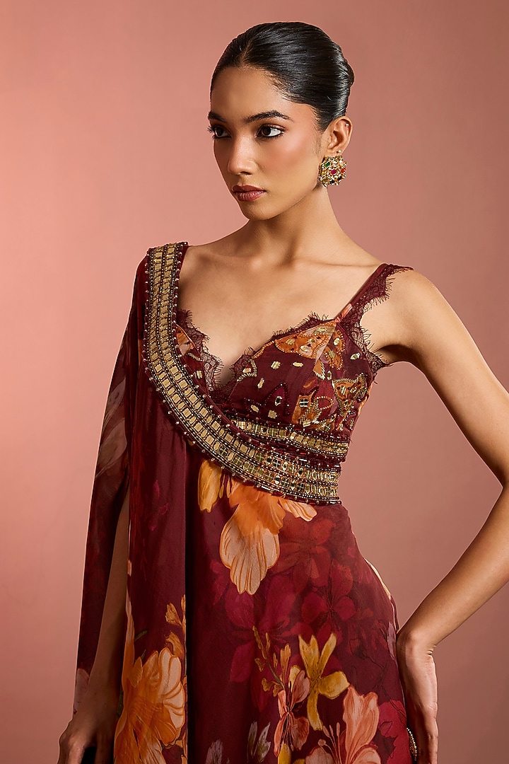 Red Viscose Organza Floral Printed Wedding Sharara Set by Neha Khullar at Pernia's Pop Up Shop