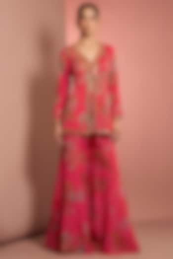 Pink Viscose Organza Floral Printed Wedding Sharara Set by Neha Khullar at Pernia's Pop Up Shop