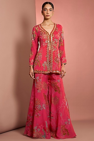 Pink Viscose Organza Floral Printed Sharara Set by Neha Khullar