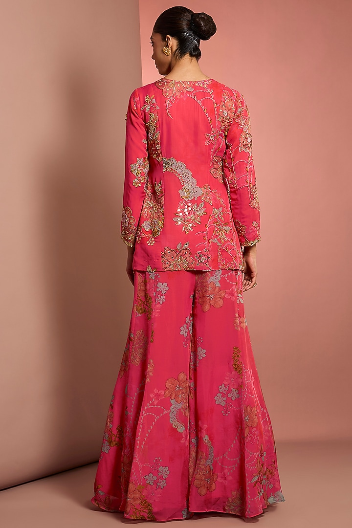 Pink Viscose Organza Floral Printed Wedding Sharara Set by Neha Khullar at Pernia's Pop Up Shop