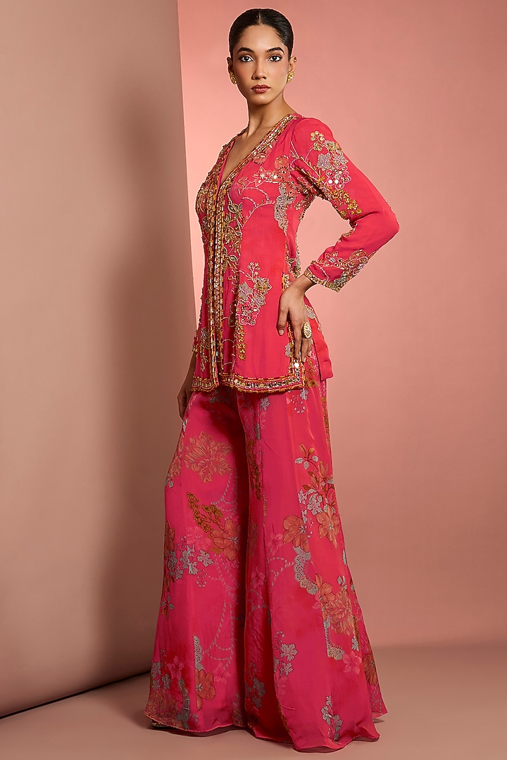 Pink Viscose Organza Floral Printed Wedding Sharara Set by Neha Khullar at Pernia's Pop Up Shop