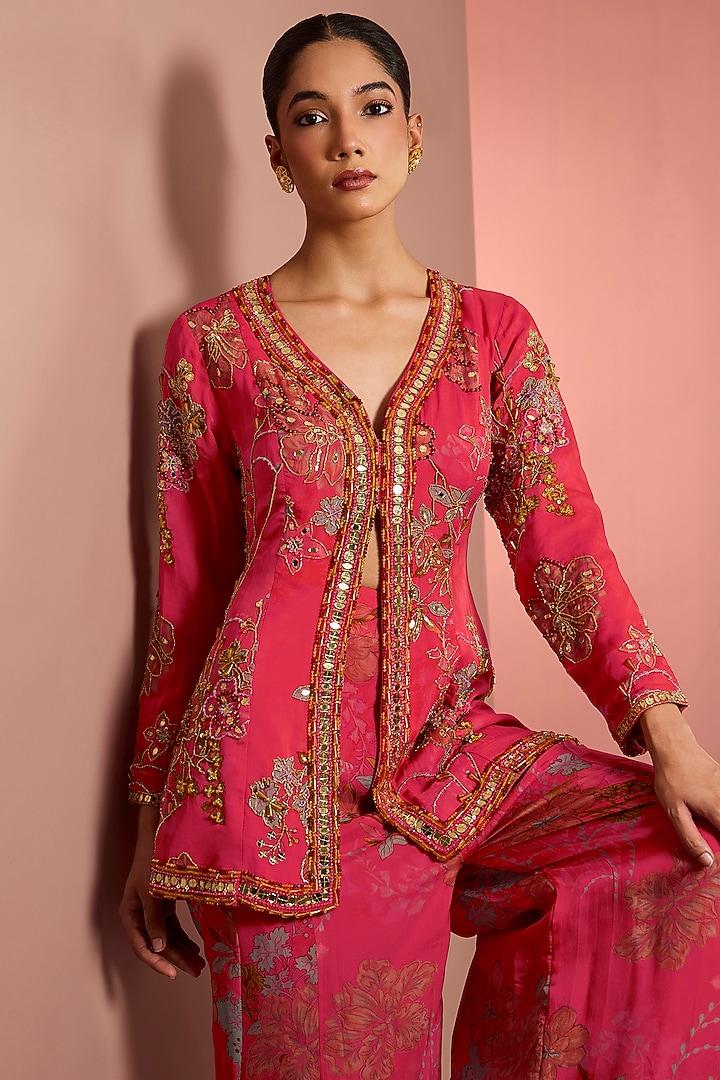 Pink Viscose Organza Floral Printed Wedding Sharara Set by Neha Khullar at Pernia's Pop Up Shop
