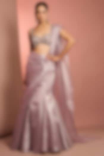 Lilac Tissue Pre-Stitched Wedding Saree Set by Neha Khullar at Pernia's Pop Up Shop