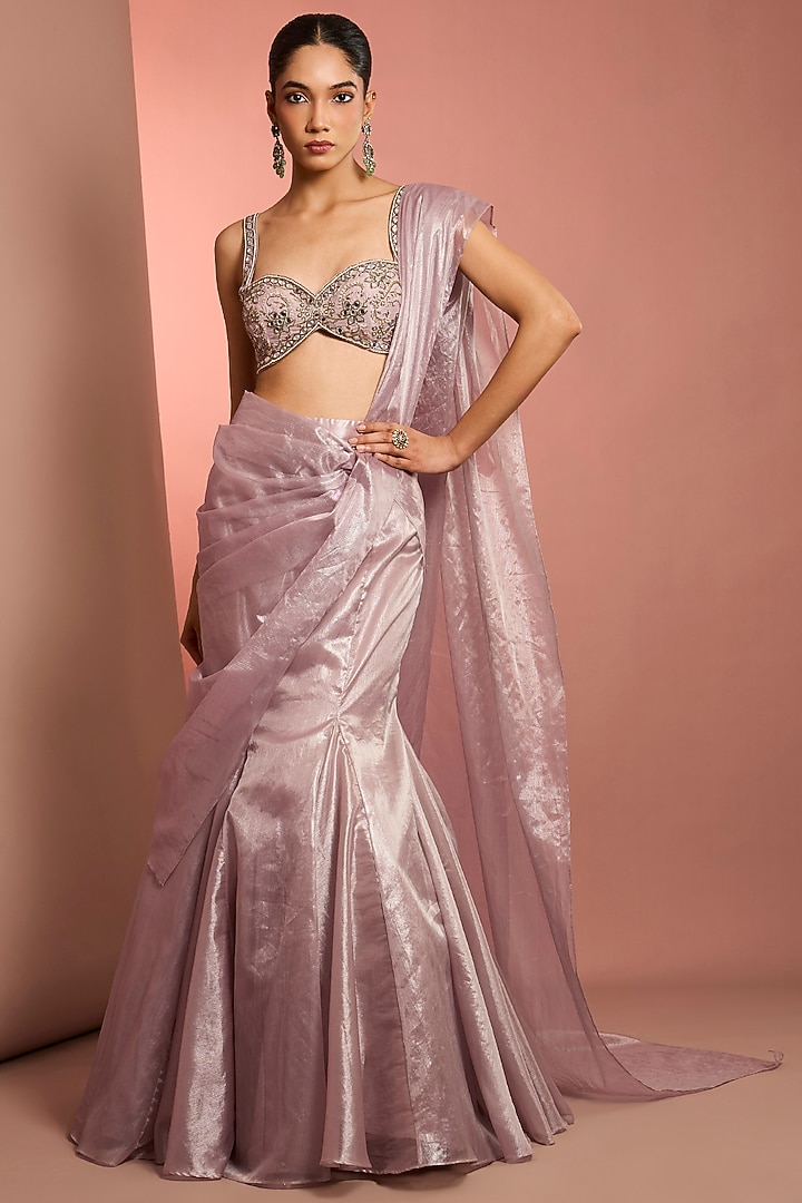 Lilac Tissue Pre-Stitched Wedding Saree Set by Neha Khullar at Pernia's Pop Up Shop