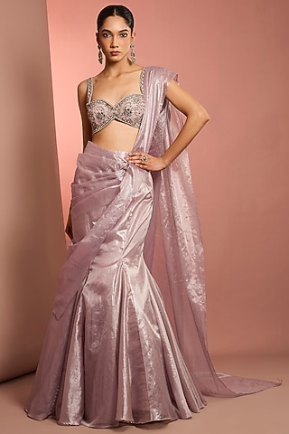 Lilac Tissue Pre-Stitched Saree Set by Neha Khullar