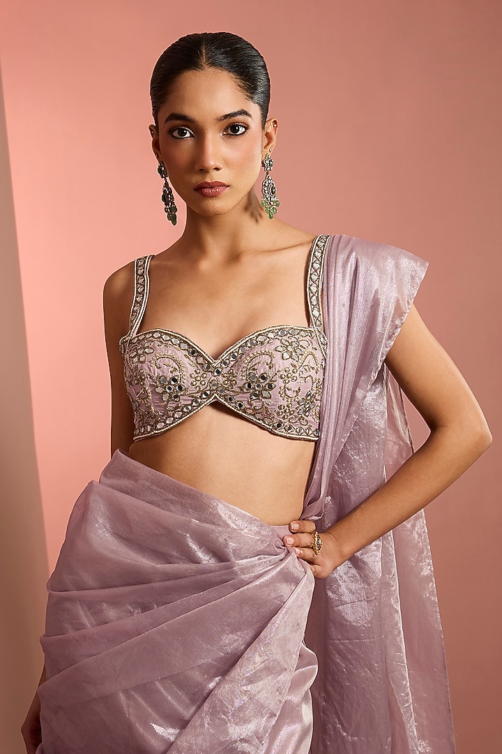 Lilac Tissue Pre-Stitched Wedding Saree Set by Neha Khullar at Pernia's Pop Up Shop