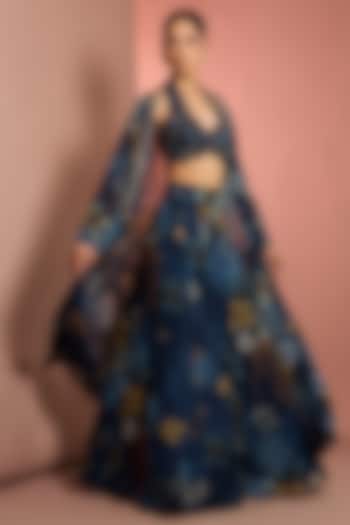 Blue Viscose Organza Floral Printed Wedding Sharara Set by Neha Khullar at Pernia's Pop Up Shop