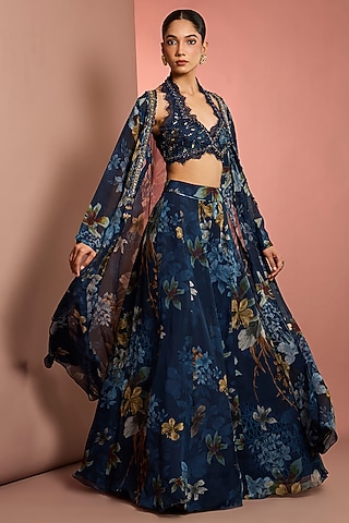 Blue Viscose Organza Floral Printed Sharara Set by Neha Khullar