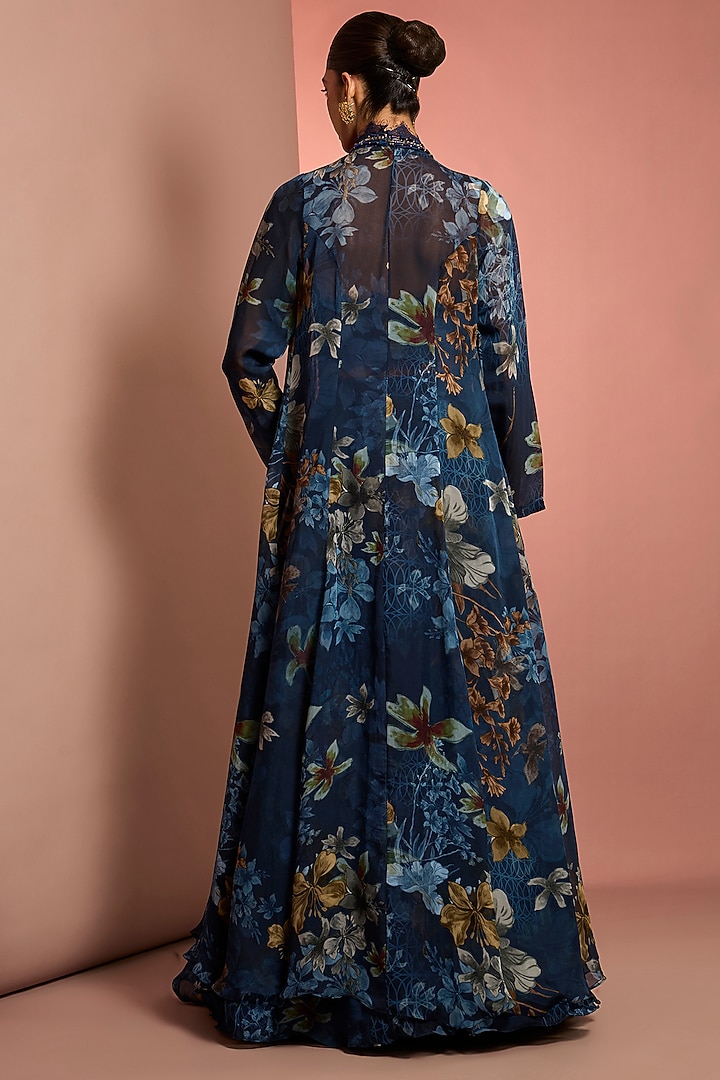 Blue Viscose Organza Floral Printed Wedding Sharara Set by Neha Khullar at Pernia's Pop Up Shop