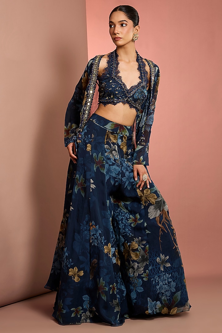 Blue Viscose Organza Floral Printed Wedding Sharara Set by Neha Khullar at Pernia's Pop Up Shop