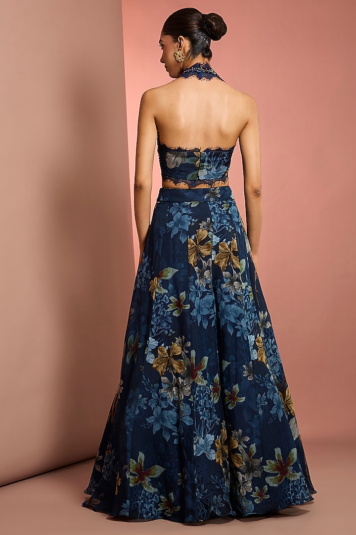 Blue Viscose Organza Floral Printed Wedding Sharara Set by Neha Khullar at Pernia's Pop Up Shop