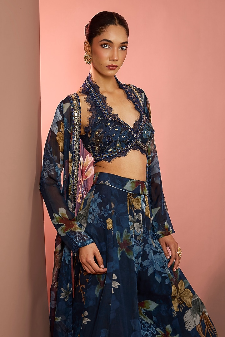 Blue Viscose Organza Floral Printed Wedding Sharara Set by Neha Khullar at Pernia's Pop Up Shop