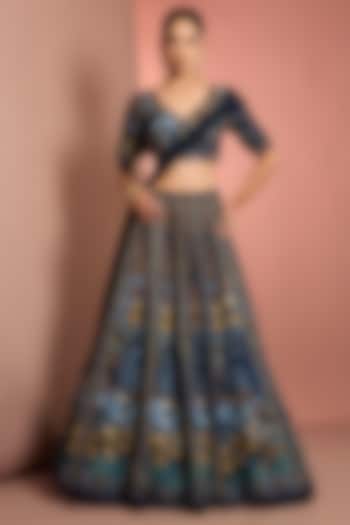 Blue Viscose Raw Silk Floral Printed & Mirror Embroidered Wedding Lehenga Set by Neha Khullar at Pernia's Pop Up Shop