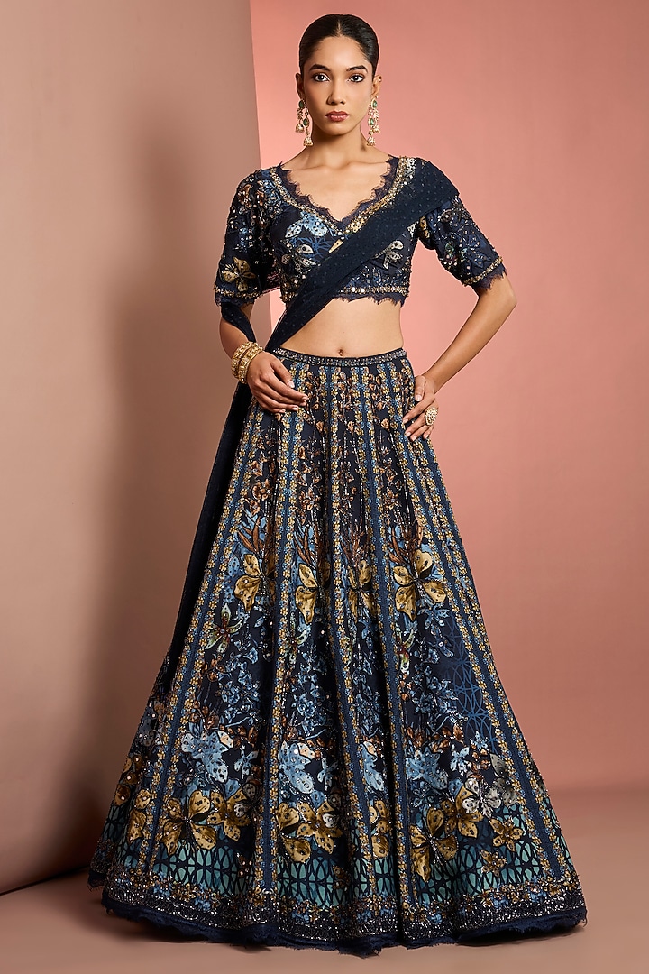 Blue Viscose Raw Silk Floral Printed & Mirror Embroidered Wedding Lehenga Set by Neha Khullar at Pernia's Pop Up Shop