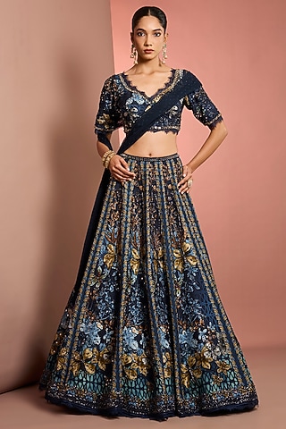 Blue Viscose Raw Silk Floral Printed & Mirror Embroidered Lehenga Set by Neha Khullar