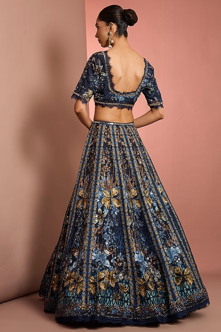 Blue Viscose Raw Silk Floral Printed & Mirror Embroidered Wedding Lehenga Set by Neha Khullar at Pernia's Pop Up Shop