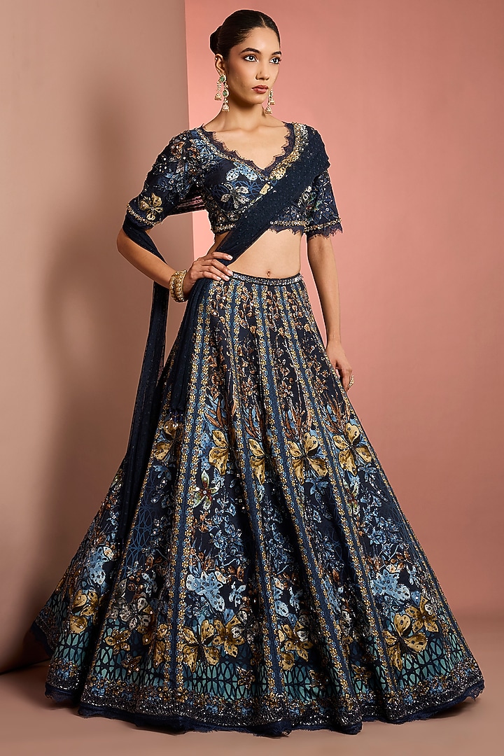 Blue Viscose Raw Silk Floral Printed & Mirror Embroidered Wedding Lehenga Set by Neha Khullar at Pernia's Pop Up Shop