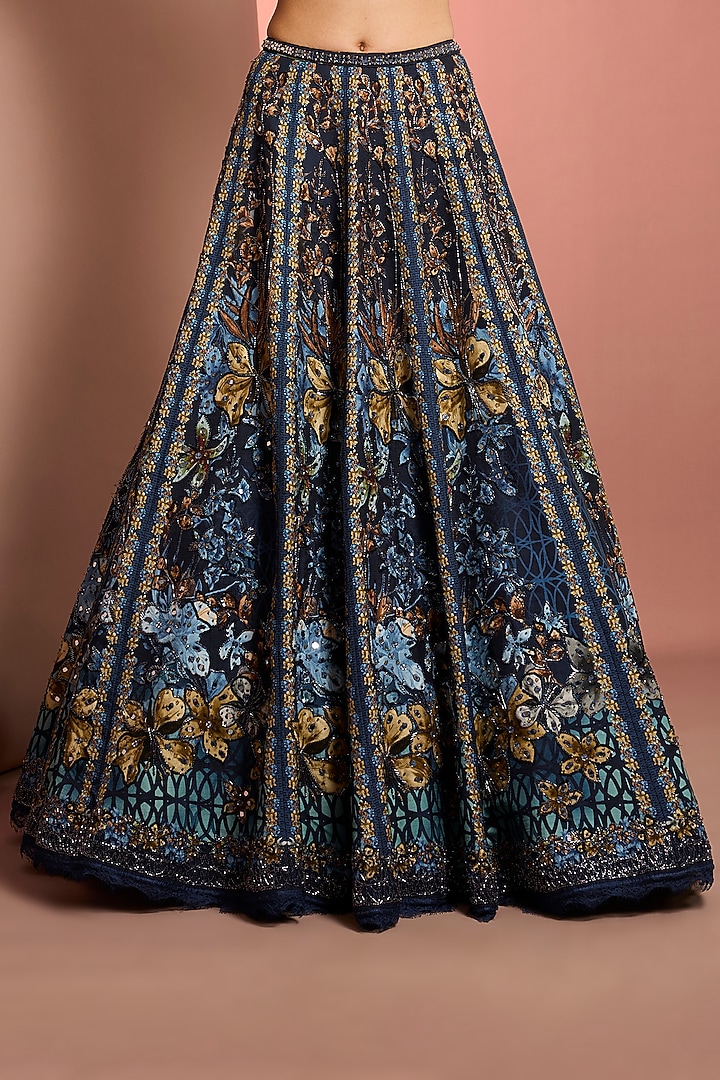 Blue Viscose Raw Silk Floral Printed & Mirror Embroidered Wedding Lehenga Set by Neha Khullar at Pernia's Pop Up Shop