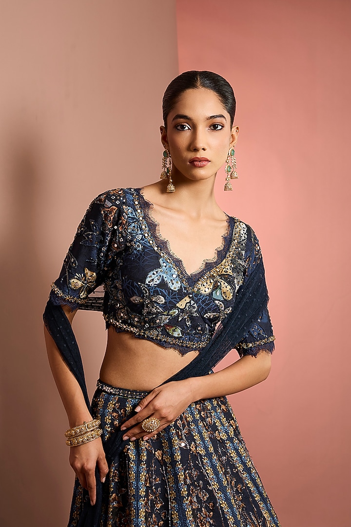 Blue Viscose Raw Silk Floral Printed & Mirror Embroidered Wedding Lehenga Set by Neha Khullar at Pernia's Pop Up Shop