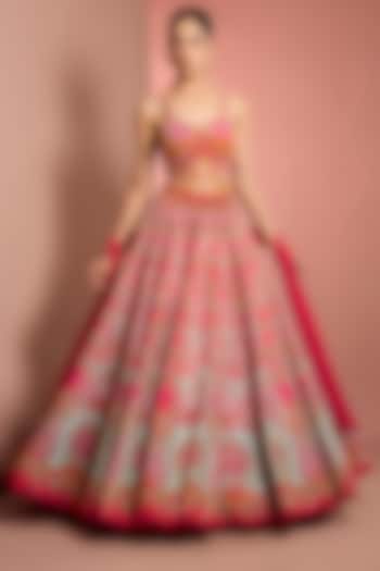 Pink Viscose Raw Silk Floral Printed & Mirror Embroidered Bridal Lehenga Set by Neha Khullar at Pernia's Pop Up Shop