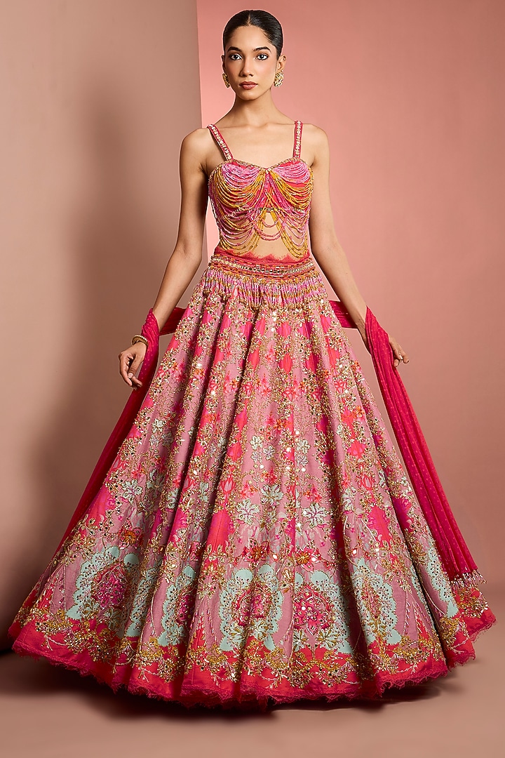 Pink Viscose Raw Silk Floral Printed & Mirror Embroidered Bridal Lehenga Set by Neha Khullar at Pernia's Pop Up Shop